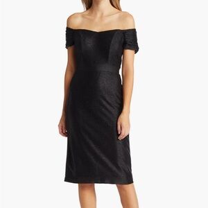 Tahari ASL Metallic Off the Shoulder Black Dress
